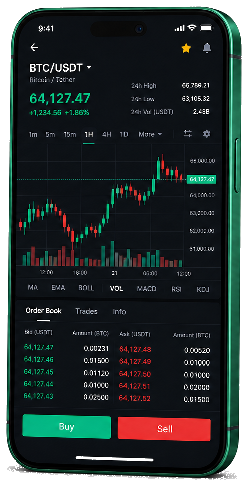 Aplicación de trading Stream 600 Akpro para móvil — gráficos en directo de BTC/USDT, libro de órdenes y panel de gestión de operaciones
